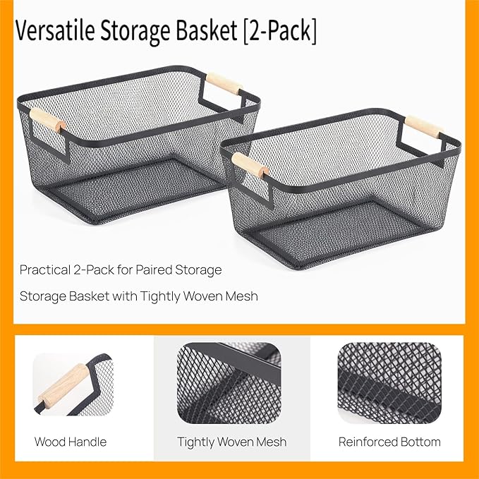 2-Pack Metal Mesh Basket, Large Wire Storage Organizer with Wood Handle for Kitchen Pantry, Bathroom, Cabinet, Closet, Picnic & Home Organization, Large, Black