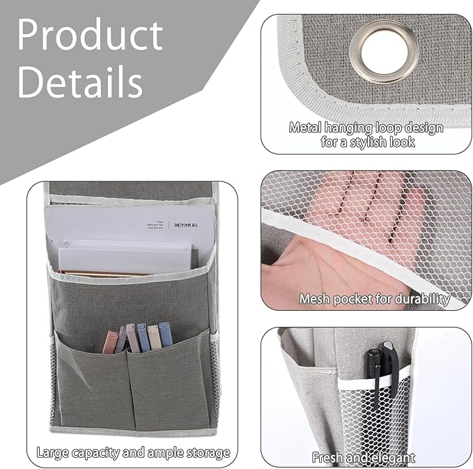 Hanging Organizer with Pockets, Wall Hanging Baskets for Organizing, Storage Basket Bedside Caddy Camper Fabric File Organizer Holds Books, Phones, Glasses, Mail, Keys for Home, Office, Dorm (Grey)