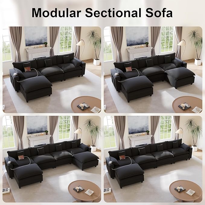 80.7" Modular Sectional Sofa, L Shaped Cloud Couch with Movable Ottoman, Chenille Deep Seat Cloud Sofa with Charging Station, Cup Holder, Side Pocket, Sectional Couches for Living Room, Black