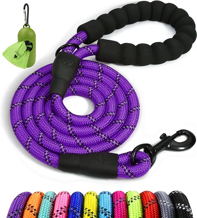 Taglory Rope Dog Leash 4 FT with Comfortable Padded Handle, Highly Reflective Threads Leash for Medium Large Dogs, 1/2 inch, Purple