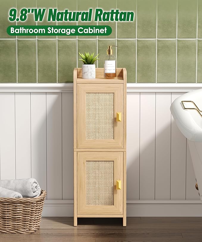 Rattan Small Bathroom Cabinet with 2 Doors, 7.9''D x 9.8''W Narrow Toilet Paper Storage Cabinet, Bathroom Organizer for Small Spaces, Wooden Slim Corner Unit with Adjustable Shelf, Natural Oak