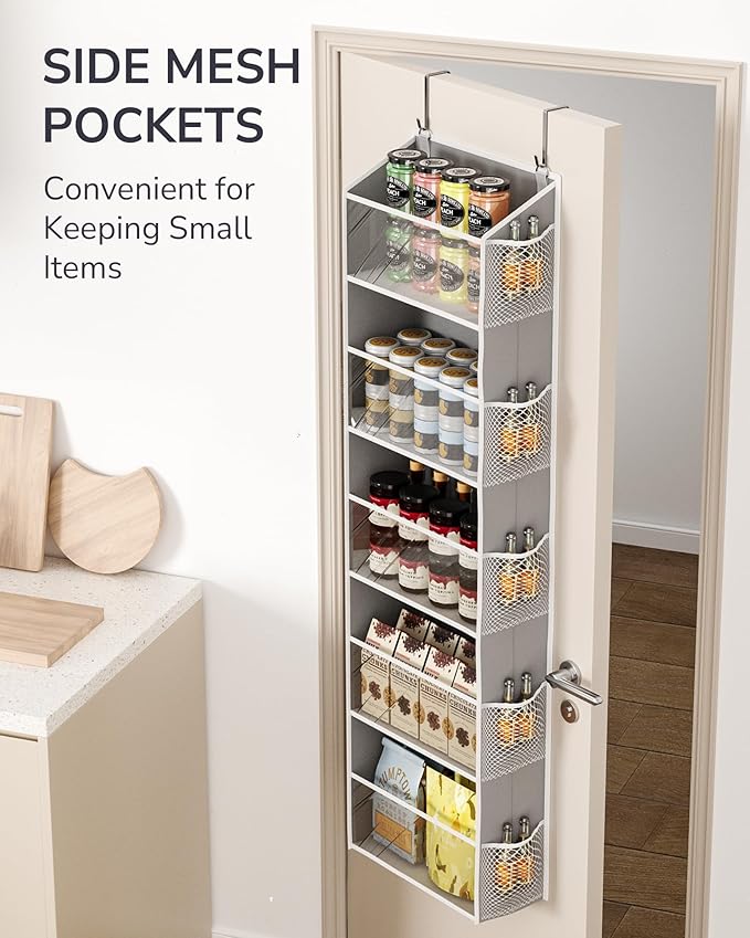 ULG 1-Pack Over Door Organizer with 5 Large Pockets 10 Mesh Side Pockets, 44 lbs Weight Capacity Hanging Storage Organizer with Clear Window for Bedroom Bathroom Kitchen, RV, Camper, Clear Grey