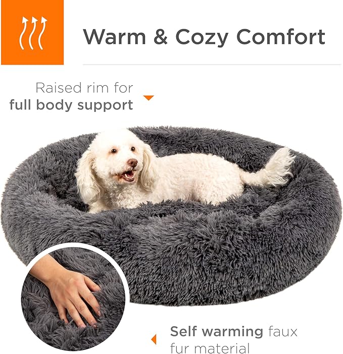 Best Choice Products 36in Dog Bed Self-Warming Plush Shag Fur Donut Calming Pet Bed Cuddler w/Water-Resistant Lining, Raised Rim - Gray