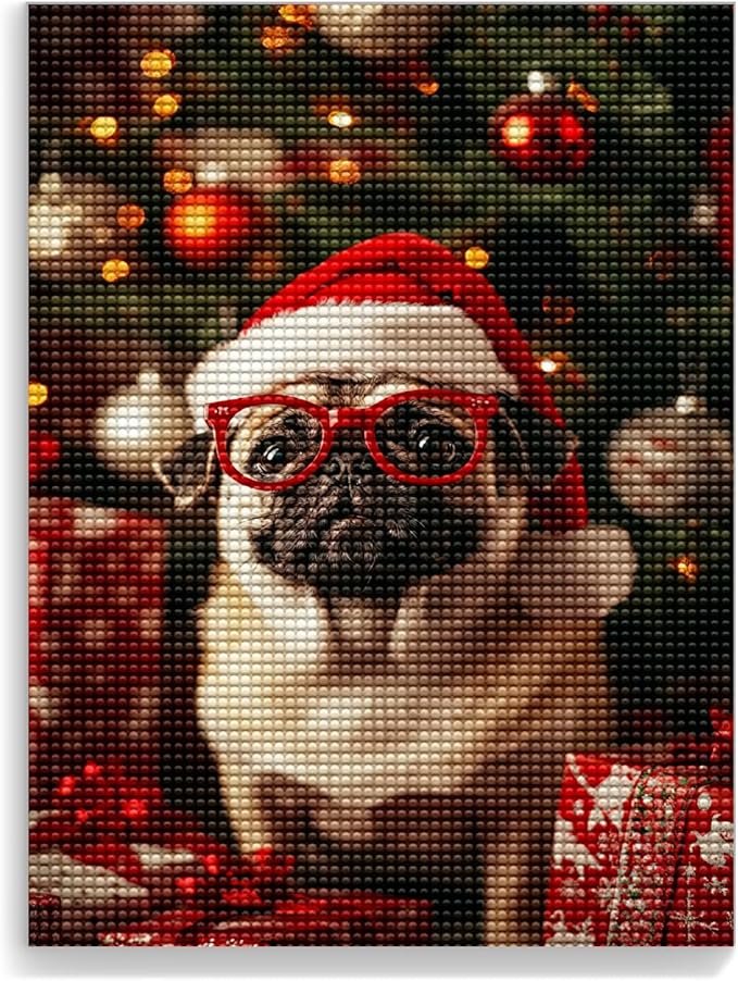 Pug with Glasses Diamond Painting Kits for Beginner, 5d DIY Diamond Painting Kits for Adult Christmas, Paint by Number Without Frame Home Wall Decor 12 * 16Inch