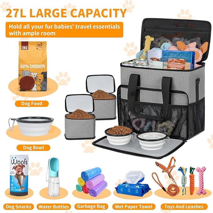 Dog Travel Bag,Large Pet Travel Bag for Supplies with 2 Food Container and Collapsible Bowls,Dog Travel Supplies Organizer Kit for Weekend,Road Trips,Camping
