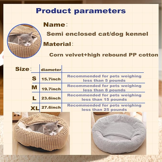 Dog Bed with Attached Blanket, Anti-Anxiety Hooded Pet Dog Cat Beds, Washable Calming Dog Sofa with Anti-Slip Bottom (Small, Gray)