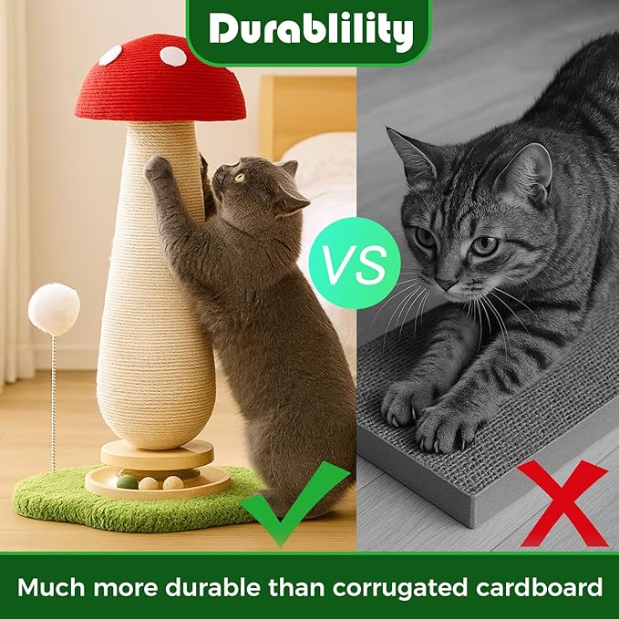 Mushroom Cat Scratching Post, Cat Scratcher with Interactive Ball Track & Spring Ball Toys, Sisal Scratcher for Indoor Cats Kittens, Stable Base, Kitty Tree Tower - Red 25.2''