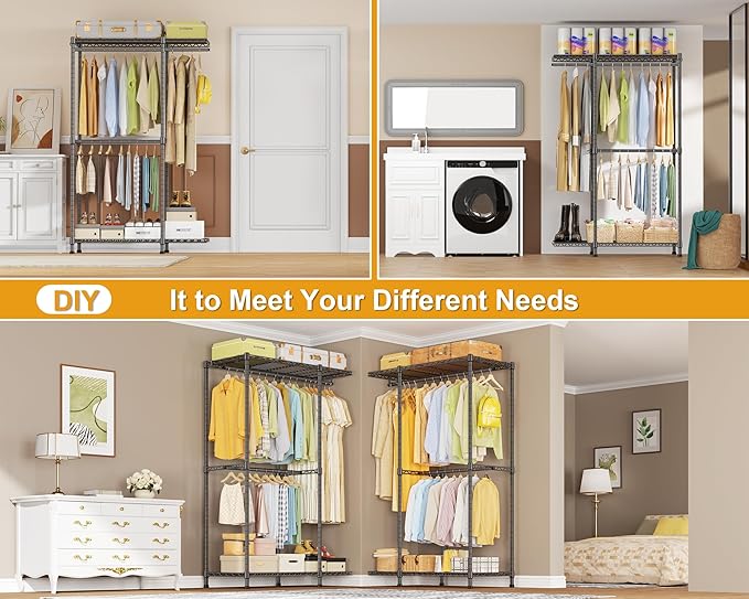 E14 Pro Heavy Duty Clothes Rack，Freestanding Clothing Racks for Hanging Clothes，Adjustable Closet Organizers and Storage，Metal Garment Rack with Shelves 69"W x16"D x77"H，Max Load 960LBS，Grey