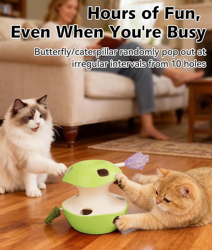 Joytale Interactive Cat Toy for Bored Indoor Cats, Automatic 10-Hole Whack A Mole Apple Toy, 2-in-1 Electric Motion Sensor Toy with Teaser Wand, USB Rechargeable, Boredom Relief, Green