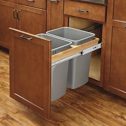 Rev-A-Shelf 35 Qt Top Mount Double Pullout Under Cabinet Kitchen Trash Cans w/Soft-Close, 150 Pound Rated Full-Extension Slides, 15" W, Gray, 4WCTM-18BBSCDM2 - Container Bins for Waste Management