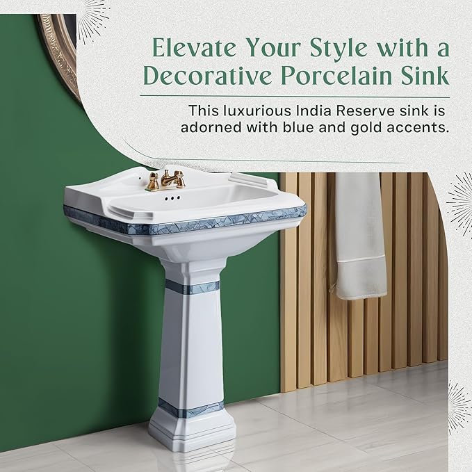 Renovators Supply Manufacturing 23" White Pedestal Bathroom Sink Heavy Duty Porcelain, Blue and Gold Decorative Accents, 4" Centerset Faucet Holes, High Backsplash and Overflow