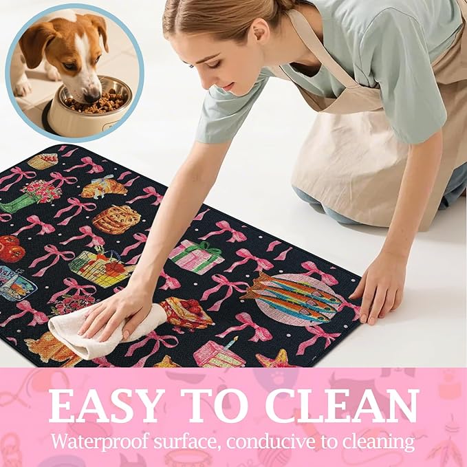 SHIYUE Dog Food Mats for Floors, Absorbent Cat Bowl for Food and Water, Non-Slip Accessories Pet Supplies(17"x30",Black Bow Food)