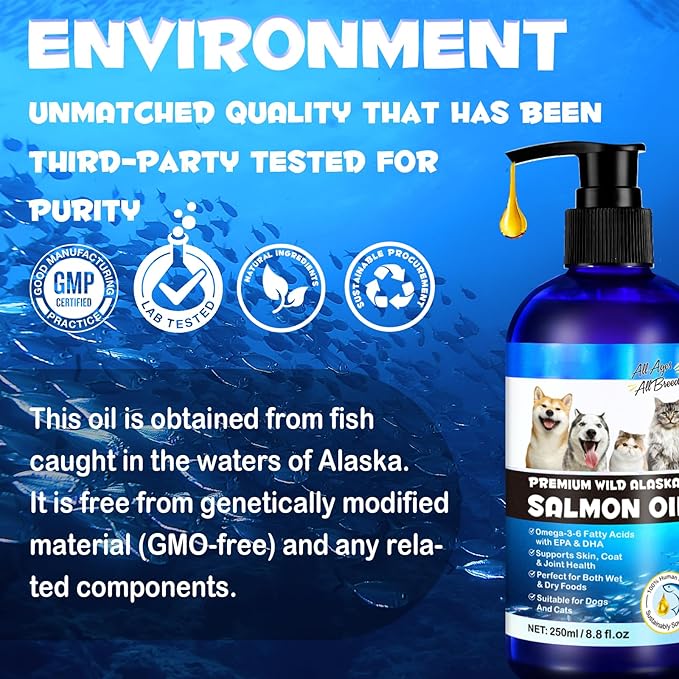 Alaskan Salmon Oil for Dogs & Cats (8.8 oz) - Pure Omega 3 Fish Oil with Omega 6 Fatty Acids, EPA & DHA - Anti-inflammation for Dogs Skin and Coat - Natural Pet Joint, Immune, Brian & Heart Supplement