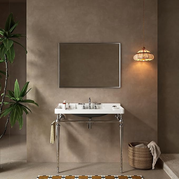 36" Bathroom Console Sink, Wall-Mounted White Ceramic Vanity Basin with 3 Pre-drilled Faucet Holes, Freestanding Chrome Stainless Steel Support Legs with Towel Bar, No Faucet - Rome, White