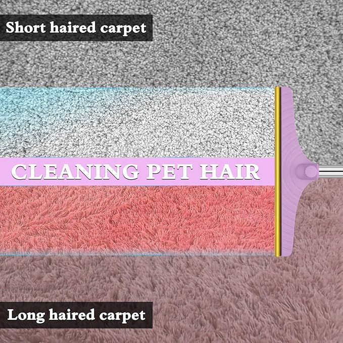 B-Land Carpet Rake for Pet Hair Removal, Reusable Pet Hair Removal Tool Cat Dog Hair Remover with 60” Long Adjustable Handle, Carpet Brush Carpet Scraper Pet Hair Remover Broom (Purple)