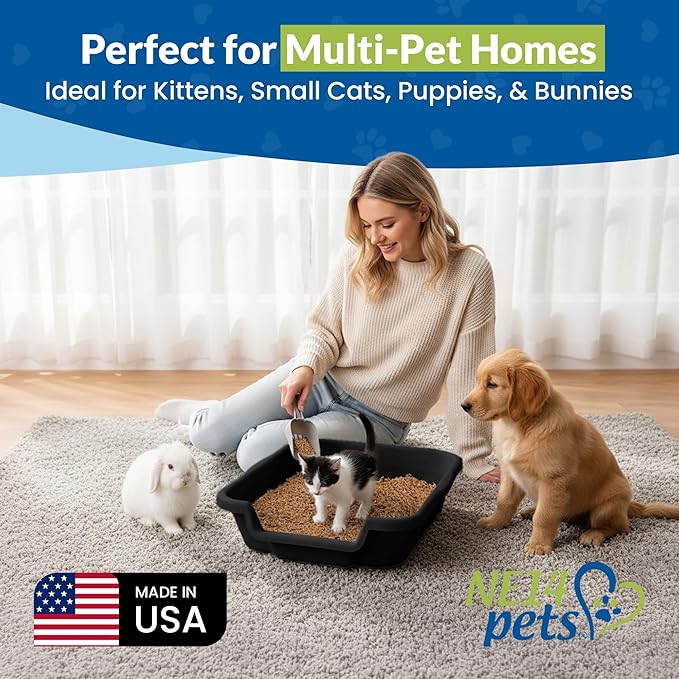 KittyGoHere Senior Cat Litter Box, Small Litter pan with Long-Handle Jumbo Scoop, Open Top Low Entrance Kitty Litters Box, Lightweight Low Entry Litter Box, Durable, Made in USA (Black)