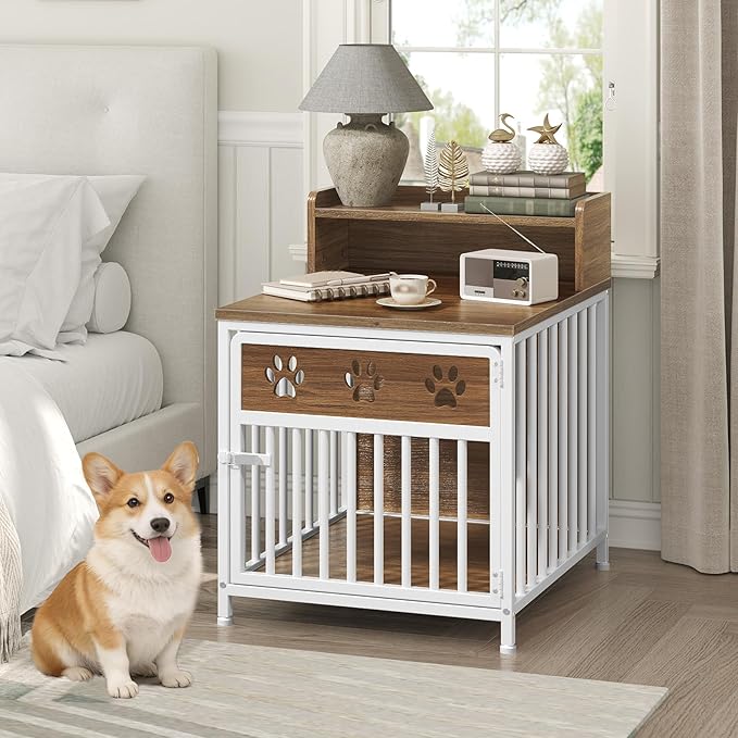 Dog Crate Furniture for Small Dogs, Wooden Dog Kennel, Indoor Pet Crate End Table, Two-Tier Small Pet Crate, for Living Room, Bedroom, White and Walnut DC01WH