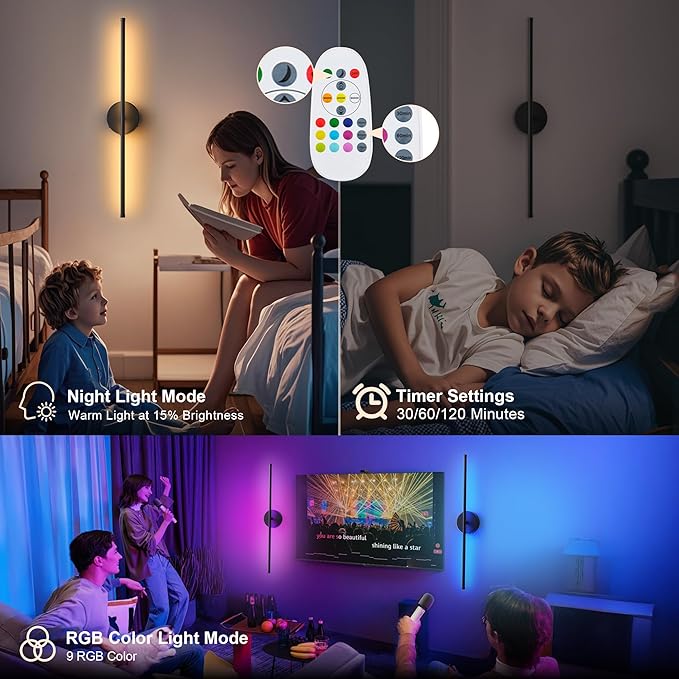 Battery Operated Wall Sconces Set of Two, with Remote Control, Dimmable, Warm White/Natural White/Daylight/RGB, 350°Rotate, LED Black Wireless Wall Light for Living Room, Bedroom, 24.4 Inch