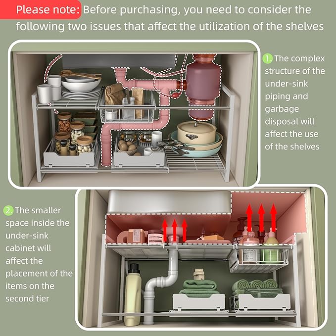 Under Sink Organizers and Storage,Kitchen Cabinet Organizer,2 Tier Under Sink Expandable Shelves，Bathroom Cabinet Organizer with Pull Out Drawers,(30.9-31.64)" W x 14.69" D x 15.83" H,White