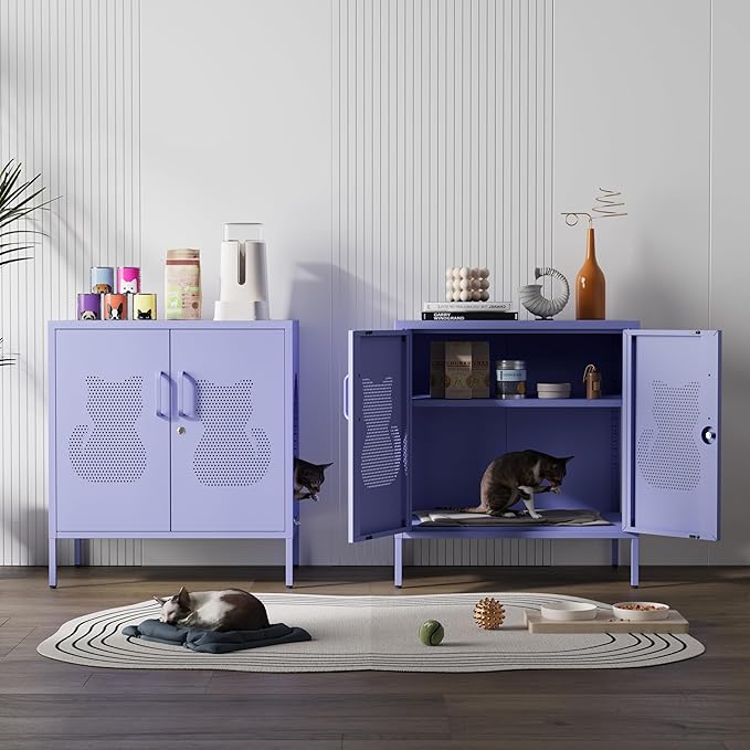 Multifunctional Large Cat House 2 Door Lockable Pet Enclosure Storage Cabinet with Adjustable Shelves Easy to Assemble Indoor Outdoor Storage Cat Food Purple Size: 33" H X 29.5" W X 19.7" D