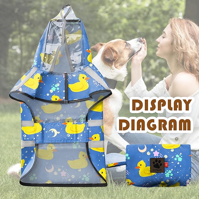 Dog Raincoat, Adjustable Rain Jacket with Hooded Double Layer for Large Medium Small Dogs Puppies, Lightweight Waterproof Rain Coat Poncho with Reflective Stripe Duck Blue,M