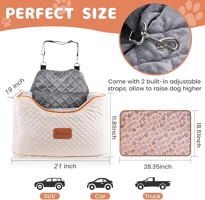 Memory Foam Booster Dog Car Seat with Washable Removable Cover, Elevated Pet Car Seat, Anti-Slip Sturdy Booster Seats for Small Dogs 35lbs, Seat Belt, Storage Pocket, Dog Blankets