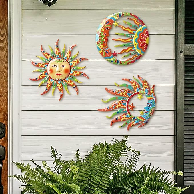 Limygus 3D Printed Sun Moon Metal Wall Art - Rust Colored Rust Proof Wall Sculpture Set of 3 for Indoor & Outdoor Decor for Bedroom, Garden, Patio, Farmhouse