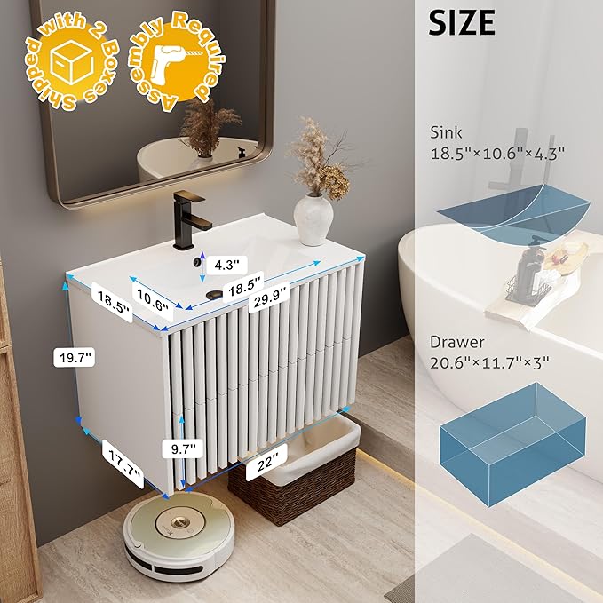 eclife 30" Floating Bathroom Vanity with Sink Combo, Modern Wall Mounted Cabinet with 2 Fluted Drawers, Undermount Sink, Faucet, Drain, Mixed White