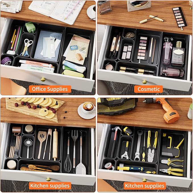 46 Pack 5-Sizes Large 12'' Tool Box Organizer Tray, Tool Box Organizers and Storage, for Hammer, Wrench, Screw, Small Parts Toolbox Organization, Tool Cart Chest Garage Drawer Organizer Tray, Black