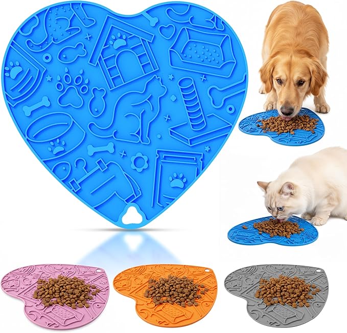 Silicone Slow Feeder Dog & Cat Bowl with Suction Cups – Non-Slip Fun Pattern for Dogs and Cats, Interactive Pet Enrichment Bowl, Treat Eating Feeder, Heart-Shaped Mat Compatible (Blue)
