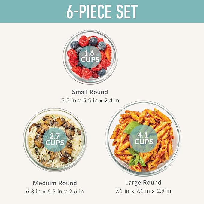 Bentgo Glass Leak-Proof Food Storage Set - 6-Piece Glass Containers with BPA-Free Airtight Lids, Reusable & Durable for Leftovers & Meal Prep - Microwave, Freezer, Oven & Dishwasher Safe (Soft Aqua)