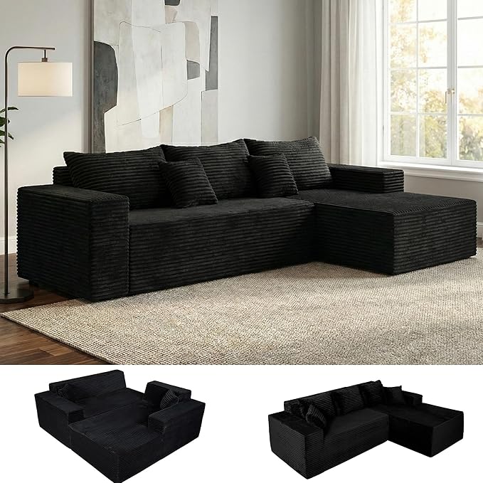 Claiks Boneless Couch, Cloud Couch Sectional, L-Shape Corduroy Modular Sectional Sofa Deep Seat, Upholstered Couches for Living Room, No Assembly Required, Black, Right Facing Chaise