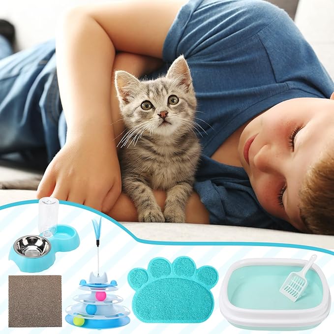 5 Pcs Small Cat Kitten Starter Kit Include Litter Box with Shovel Cat Paw Litter Mat Scratch Pad Automatic Bowls Turntable Toys Balls Essentials Kits for Kittens Life(Blue)