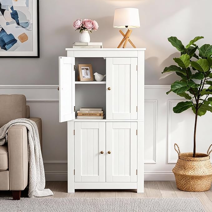 Karl home White Floor Storage Cabinet, Freestanding Storage Unit with 4 Doors, Thin Toilet Organizer for Small Spaces，for Entryway, Bathroom