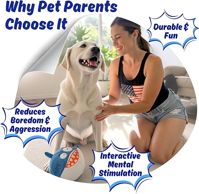 3 in 1 Squeaky Soft Plush Durable Dog Chew Toy for Aggressive Chewers, No Stuffing Interactive Tough Rip & Reveal Crinkle Blue Shark Ball in Gift Box, Puppy, Small & Large Breed Pets Birthday Present