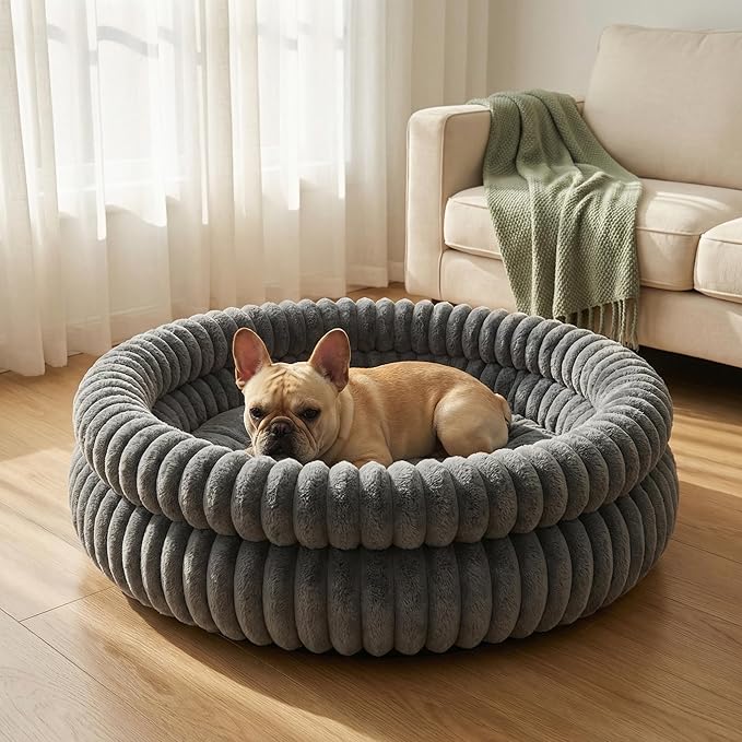 Calming Dog beds for Small Dogs, Faux Rabbit Fur Round Anti-Anxiety Pet Bed for Kittens & Puppies, Fluffy Puppy Bed with Washable Cushion & Detachable Cover, 24"
