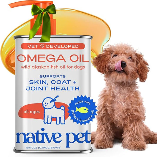 Native Pet Omega 3 Fish Oil for Dogs & Cats - Promotes Healthy Skin, Shiny Coat, & Strong Joints - Made with Wild Alaskan Salmon Oil for Dogs – Tasty, Fast-Absorbing Omega 3 6 9 Liquid Supplement-16oz