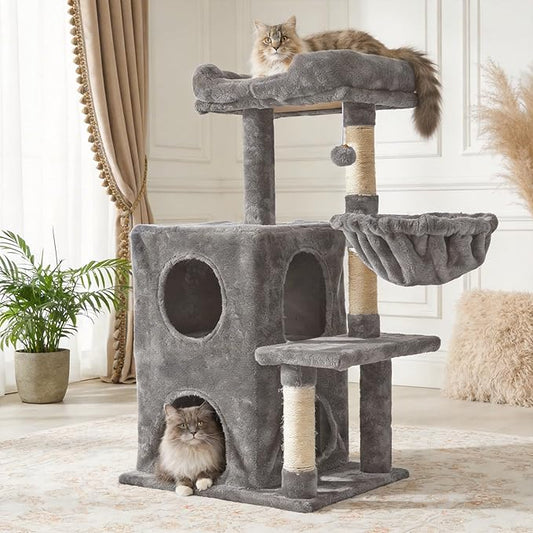 Cat Tree Tower for Indoor Cats, 36-inch Adult Cat Tree House for Large Adult Cats with Steps, Scratching Post, 2 Cat Condo, Dangling Toys, Light Grey