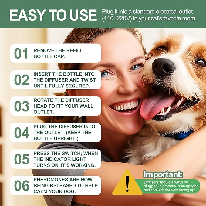 Dog Calming Pheromone Diffuser for Dogs, Plug-in + 3 Refills Kit, Supports Relaxed Behavior, Helps Ease Stress, Anxiety, Barking, Fear During Loud Events, Separation, Travel, 90 Days Non-Toxic Care