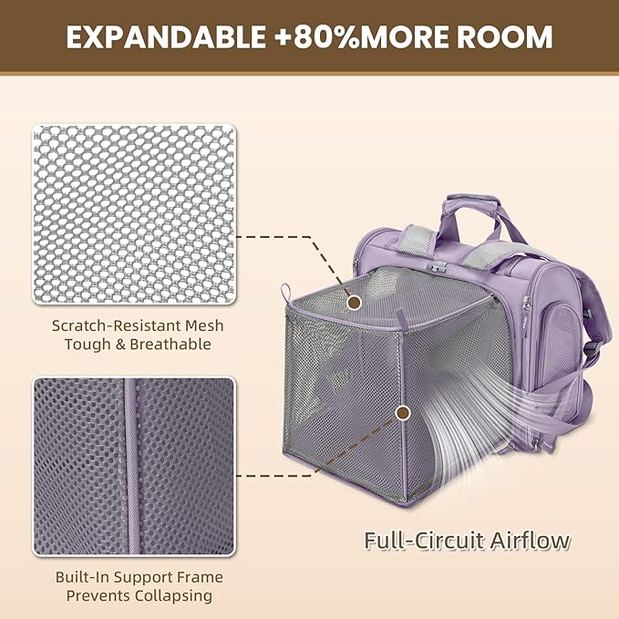 Lollimeow Expandable Cat Carrier Backpack for Large Cats - Airline Approved Pet Carrier Backpack for Small Dogs, Hiking & Travel, Waterproof with Breathable Mesh, 14lbs Capacity (Lavender, Standard)