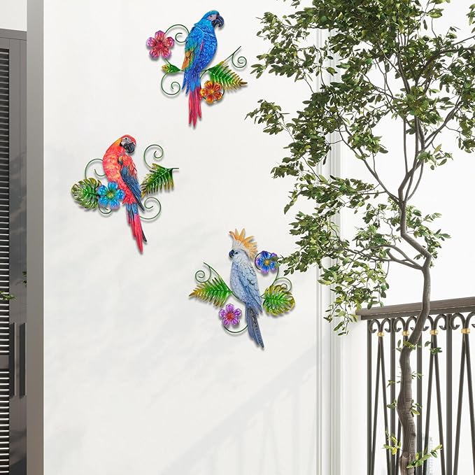 Yonivexis Metal Birds Wall Art Decor 3D Colorful Birds Sculpture Parrot Outdoor Hanging Decor Bird Wall Art Decorations Fence Patio Balcony Living Room, Style 5