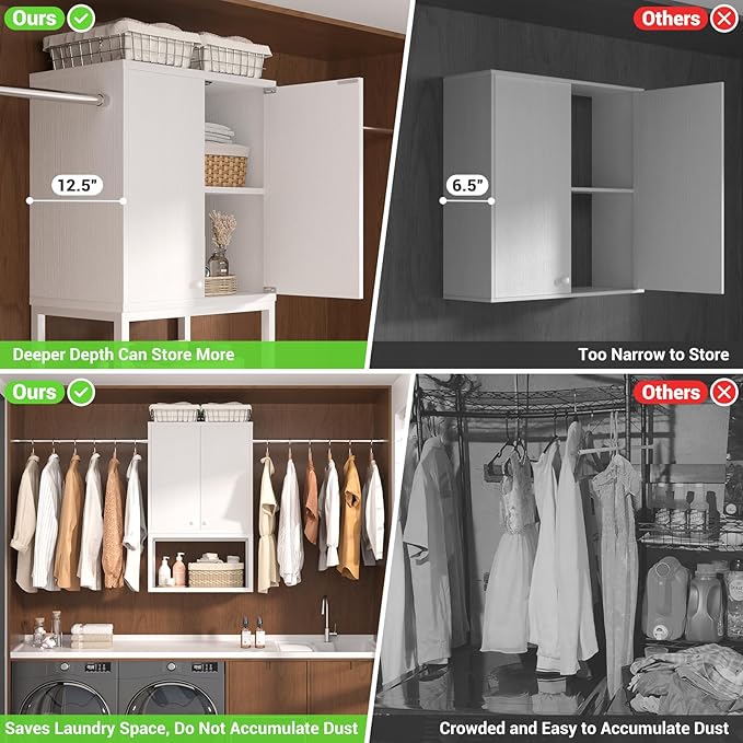 Homieasy Wall Cabinet with 2 Hanging Rods, 67'' Wide Laundry Wall Cabinet with 2 Doors, Open Rack & Adjustable Inner Shelf, Storage Cabinet Wall Mounted for Laundry & Bathroom, White