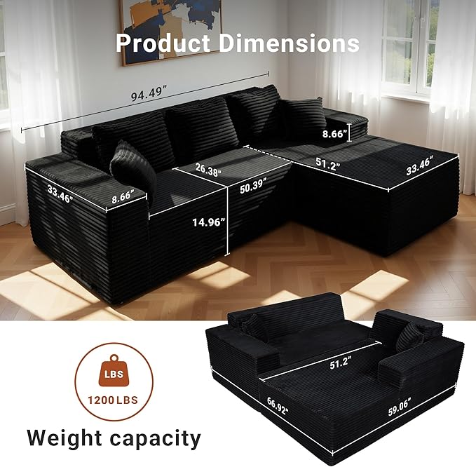 Claiks Boneless Couch, Cloud Couch Sectional, L-Shape Corduroy Modular Sectional Sofa Deep Seat, Upholstered Couches for Living Room, No Assembly Required, Black, Right Facing Chaise