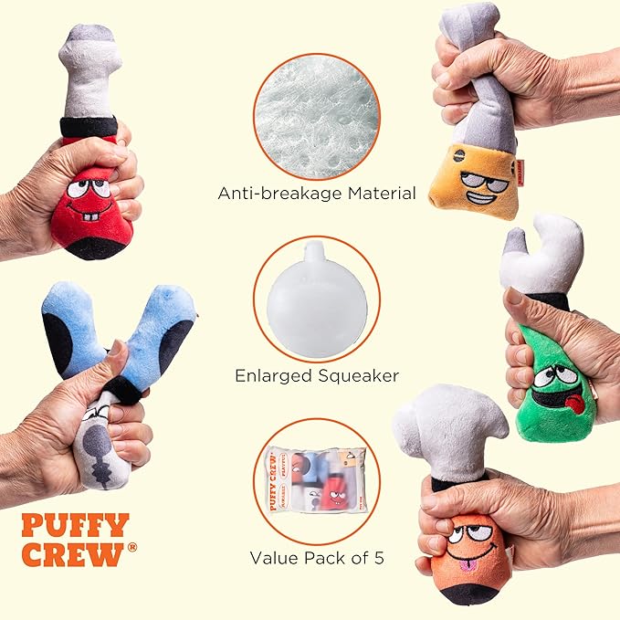 Squeaky Dog Plush Toy, Tools Bite_Stick Collection, 8", for Small and Medium Dogs (5 in 1, Small)