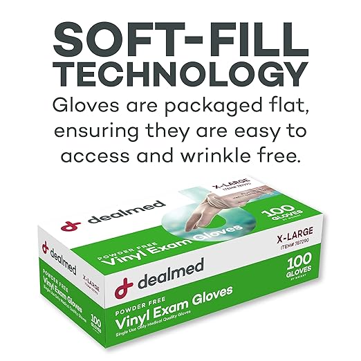 Dealmed Vinyl Exam Gloves – Disposable Non-Irritating Medical Gloves, Latex Free, First Aid Kits and Medical Facilities, 100 Count (X-Large Pack of 1)
