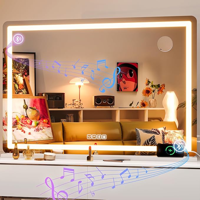 Hasipu Vanity Mirror with Lights and Bluetooth Speaker, 41.3" x 29.5" LED Makeup Mirror, Lighted Makeup Mirror with Dimmable 3 Modes, Touch Screen Control Vanity Mirror Round White