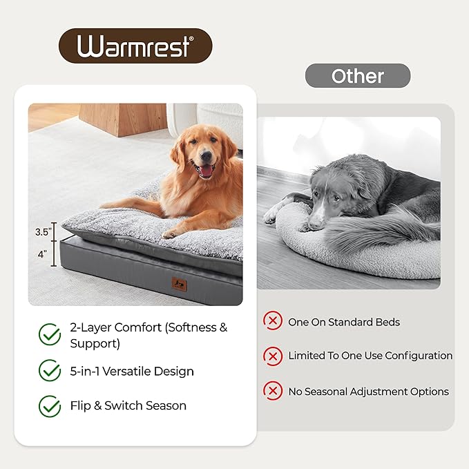 Washable Dog Bed for Medium Large Size Dog, Plush Pillow Pet Bed with Leather Egg-Crate Foam Base, Waterproof Kennel Bed with Removable Cover, 55" x 42" Comfort Cushion Bed, Dark Grey