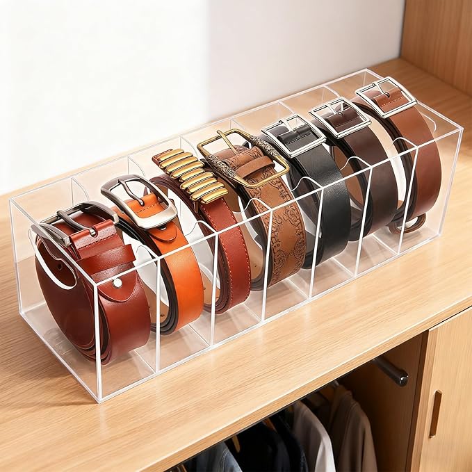 Belt Organizer, Acrylic Belt Racks, 7 Compartments Belt Container Storage Holder, Clear Belt Display Case for Closet Tie and Bow Tie
