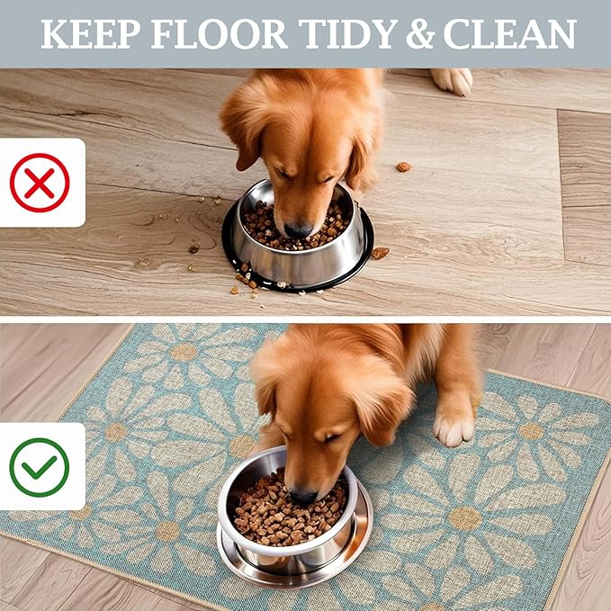SHIYUE Dog Food Mats for Floors, Absorbent Cat Bowl for Food and Water, Non-Slip Accessories Pet Supplies(17"x30",Sky Blue Flower)