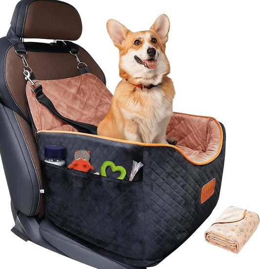 Memory Foam Booster Dog Car Seat with Washable Removable Cover, Elevated Pet Car Seat, Anti-Slip Sturdy Booster Seats for Small Dogs 35lbs, Seat Belt, Storage Pocket, Dog Blankets